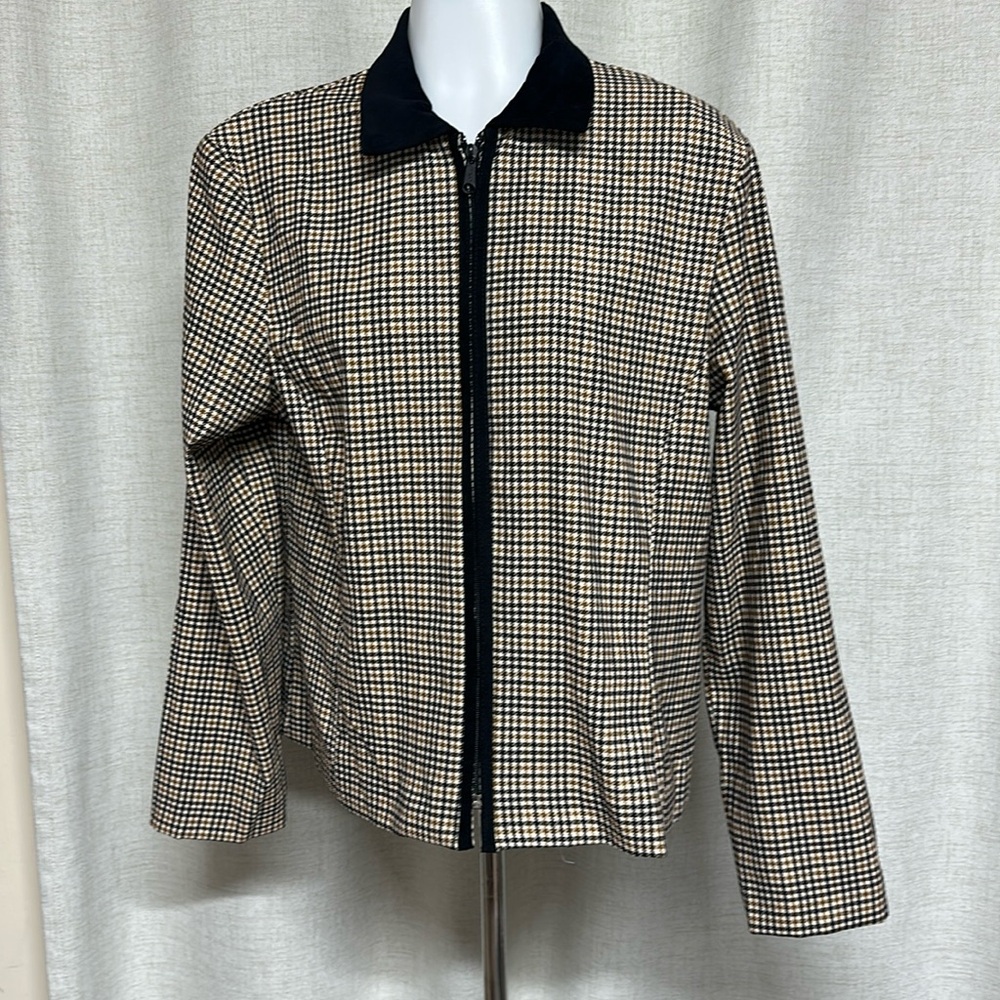 * SALE * COURTENAY brown tan houndstooth velvet collar stretch jacket